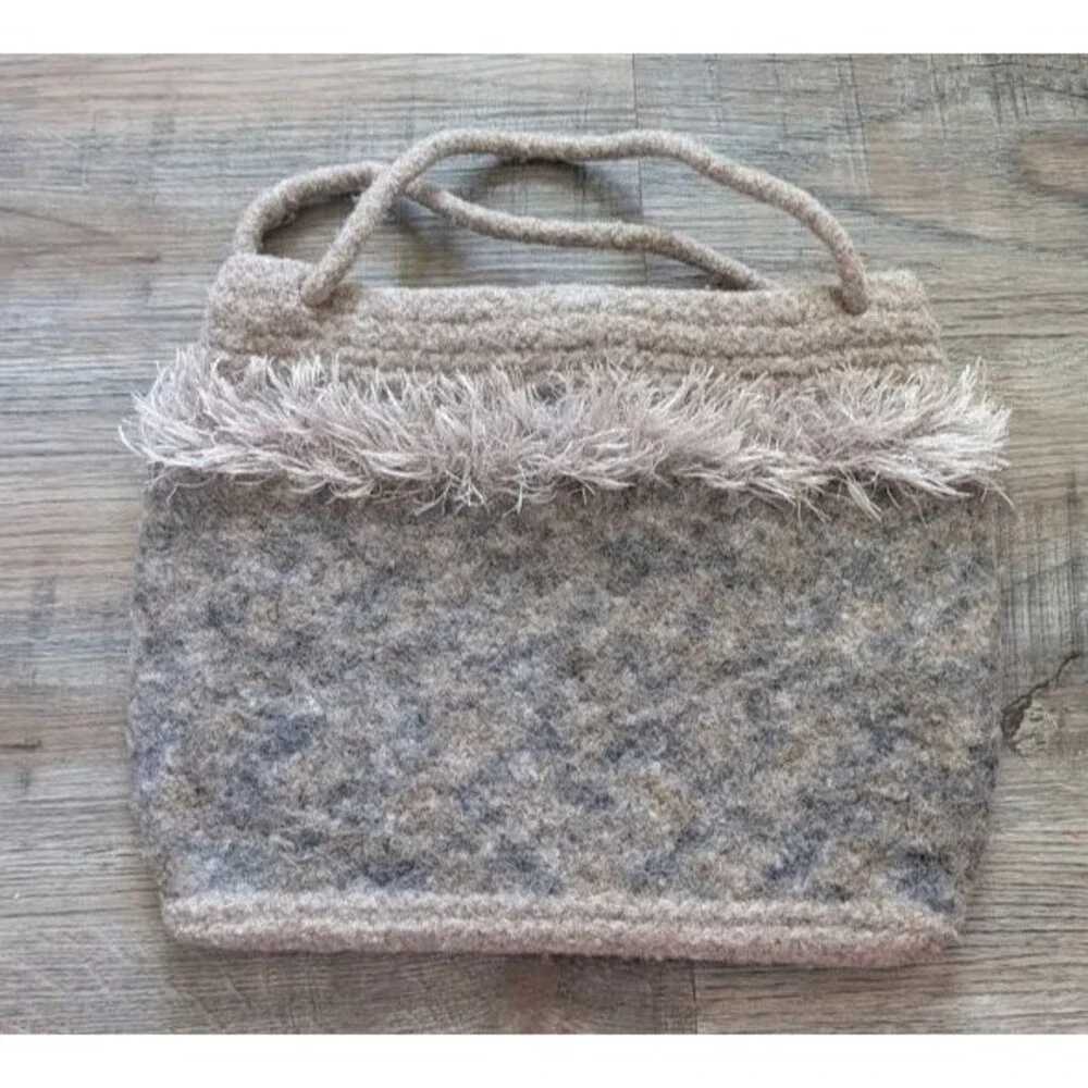Handmade Felted Tan Marbled Bag Double Handle Top Button Closure